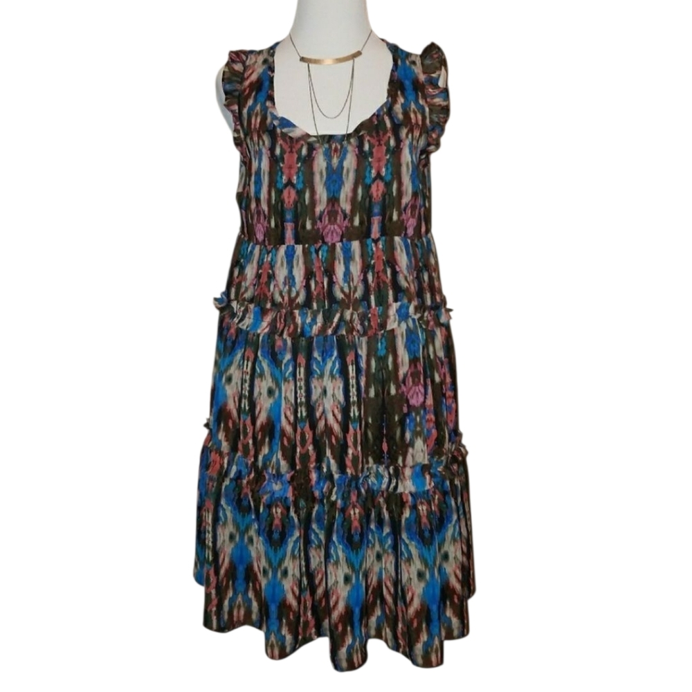 Anthropologie Lilly's Closet Layered Ruffle Abstract Pattern Dress Size XS